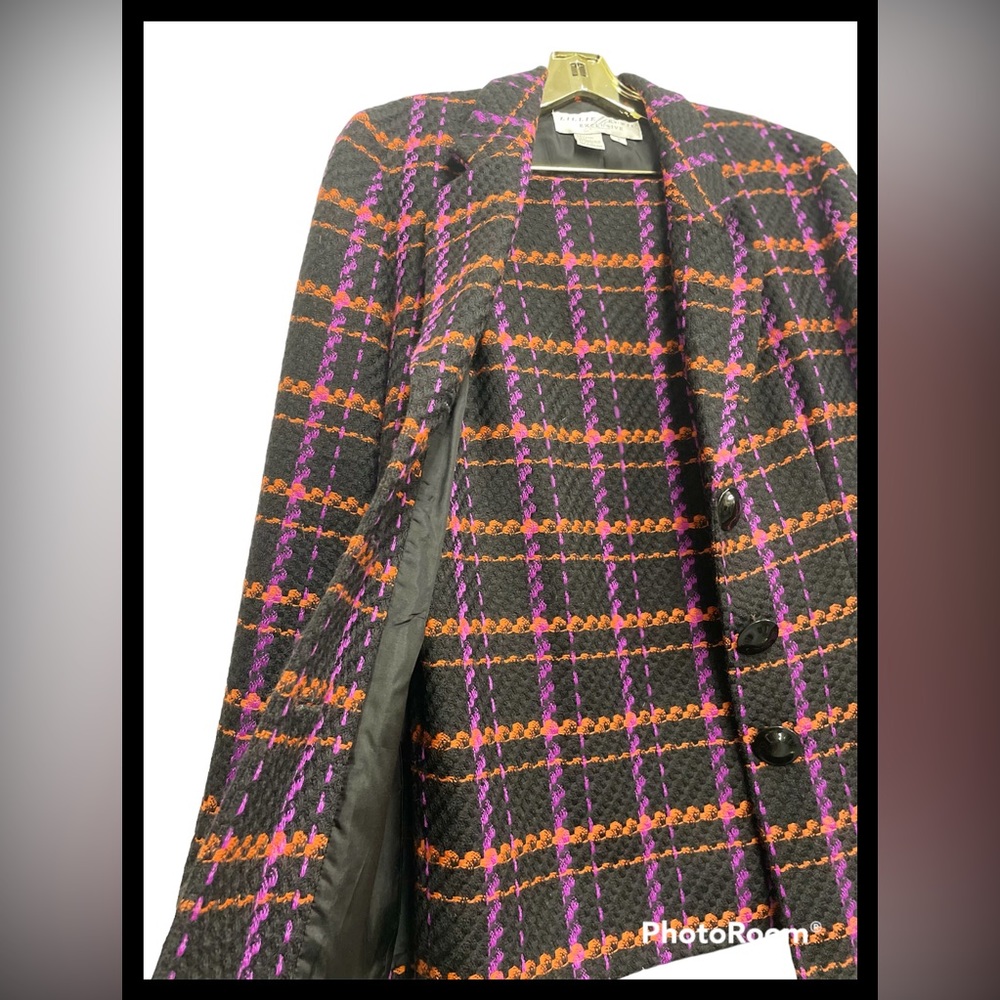 Vintage Lillie Rubin 90s Suit Skirt Jacket Black Neon Multi Color Woven Plaid S